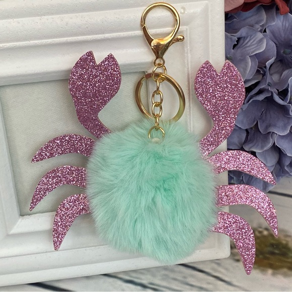 Blue Crab Pom Pom with Pink Glitter Claws Keychain Charm - Picture 2 of 12